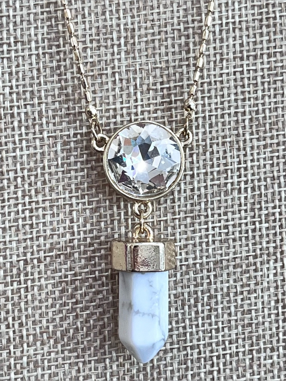 Gold Tone Bar and Ball Link Necklace, Pendant, Crystal Rivoli, Howlite Point